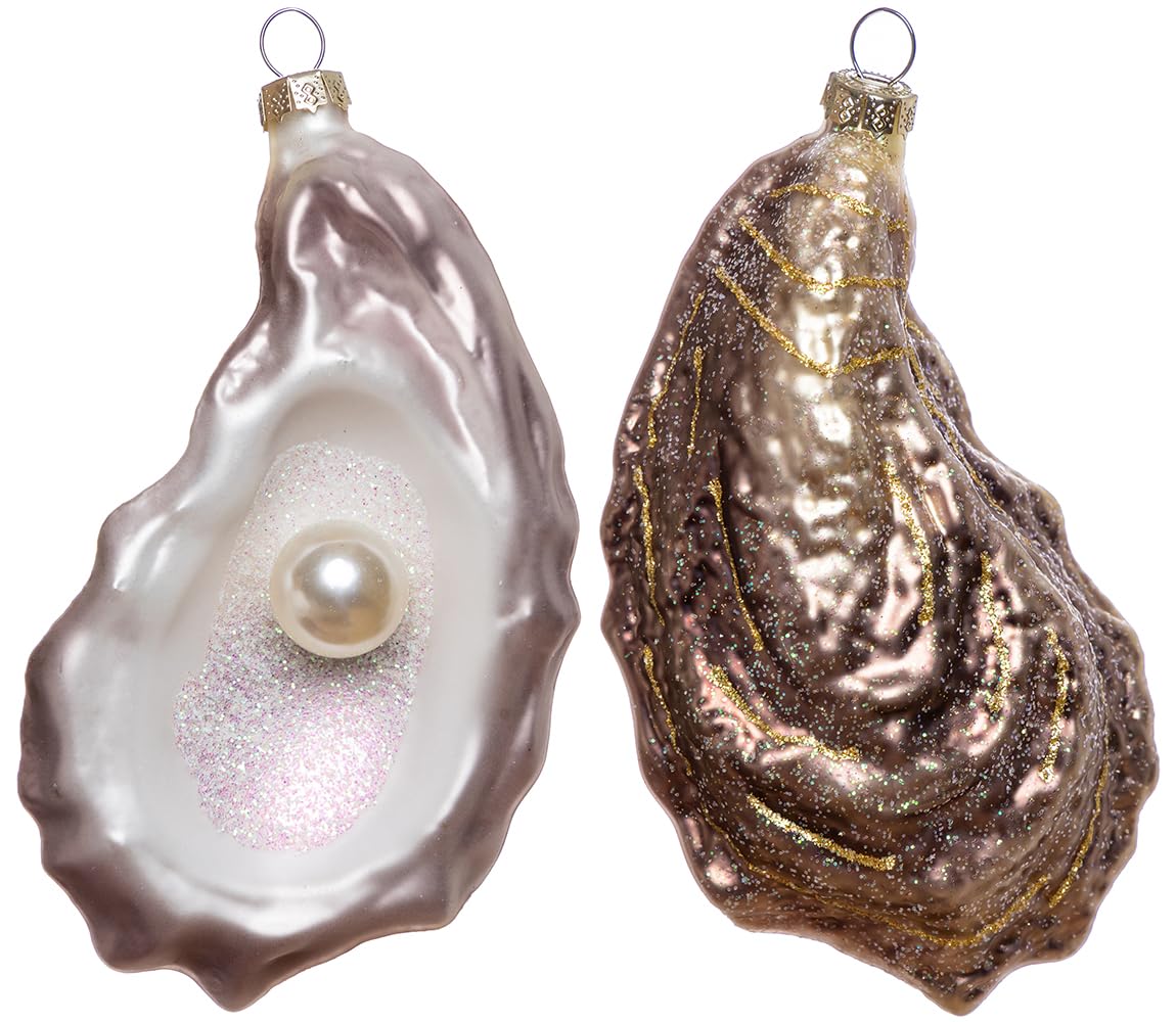 Set of 2 Hand Blown Glass Oyster Ornament for Christmas Tree