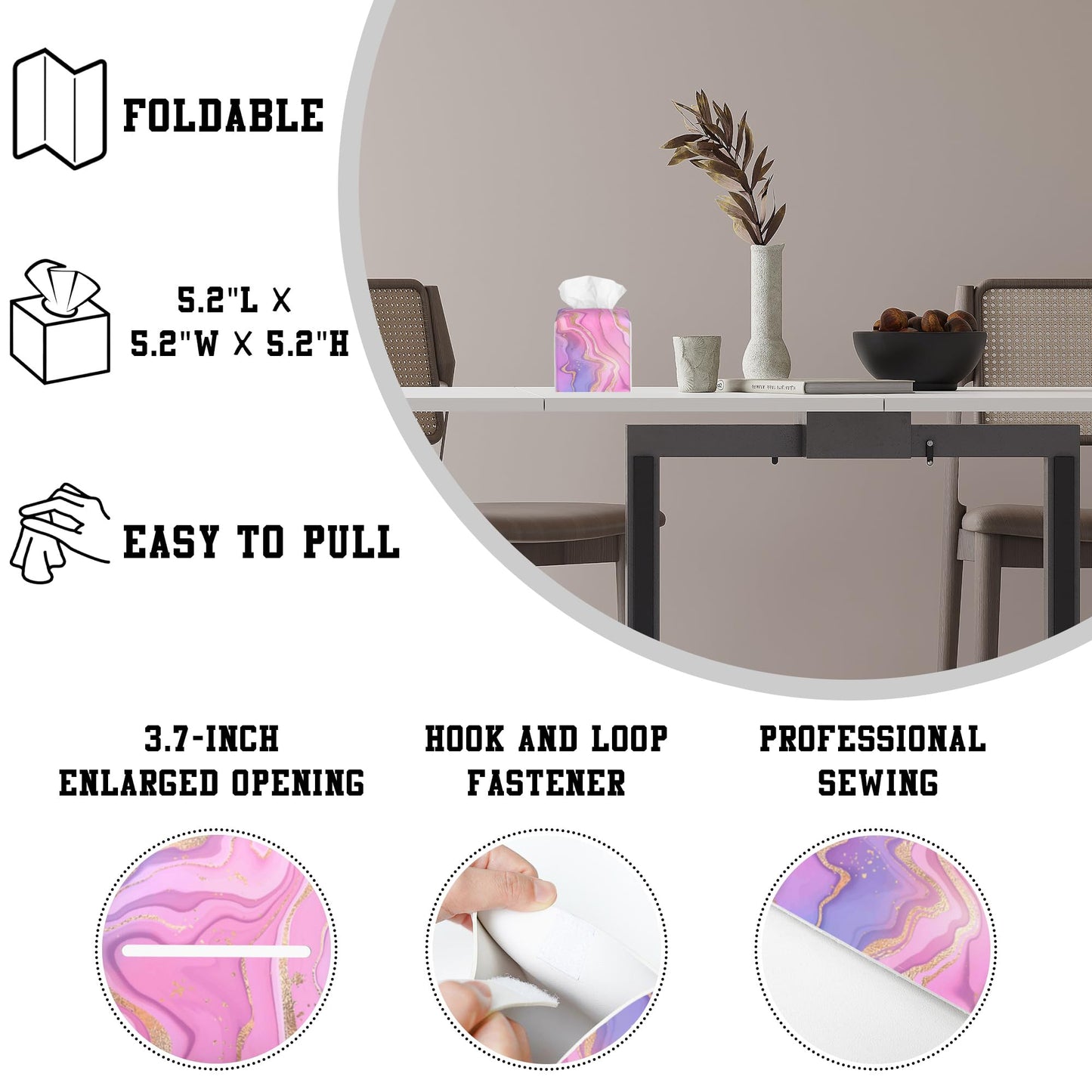 OHEGBXE Tissue Box Holder Purple and Pink Liquid Marble Square Leather Tissue Box Cover Modern Cube Facial Paper Cover Case for Bathroom Vanity Countertop Night Stands Tabletop