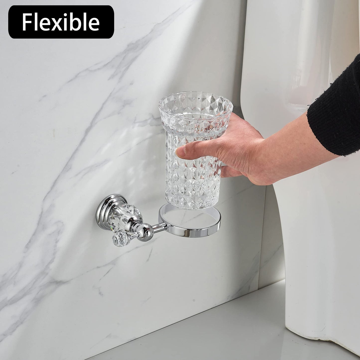 WOLIBEER Crystal Toilet Brush Holder, Chrome Toilet Cup Set with Polished Silver Brush Handle Wall Mounted for Bathroom - Decorative Design,Space Saving.