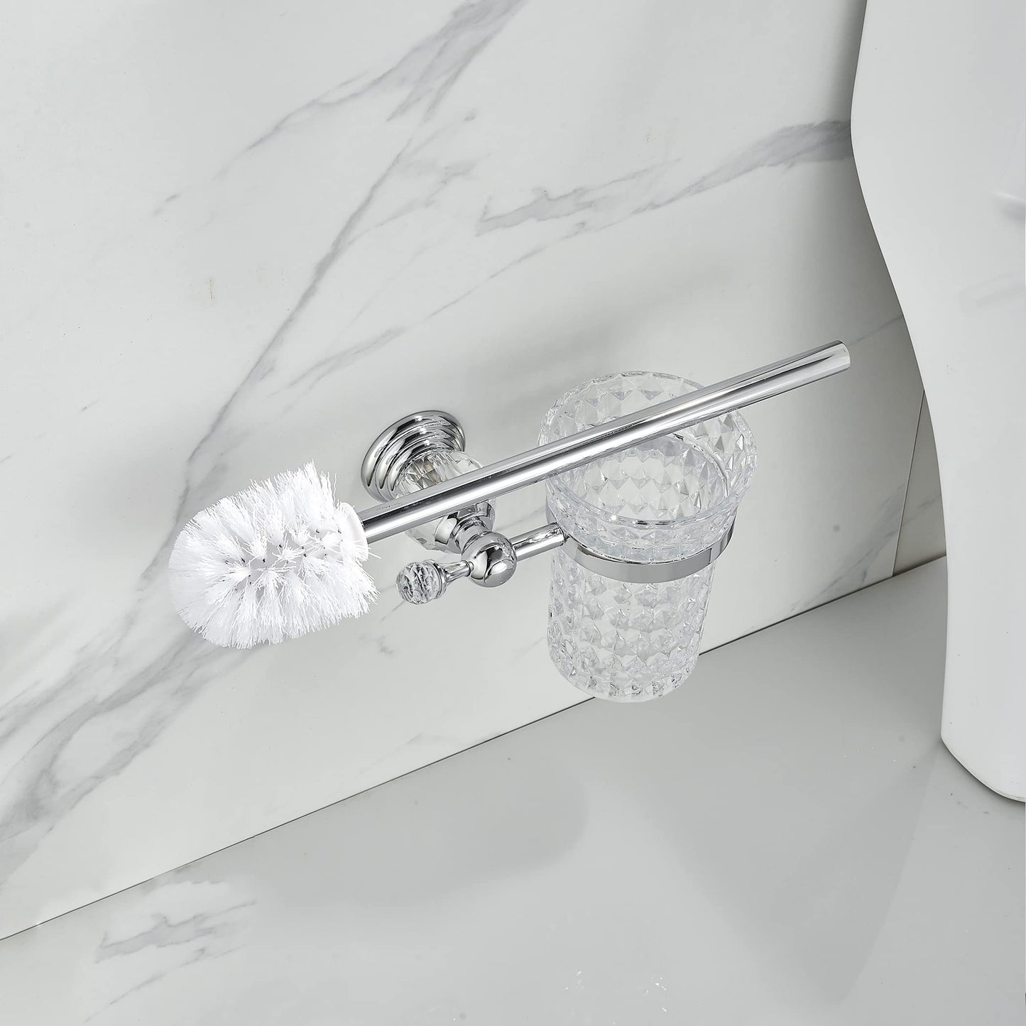 WOLIBEER Crystal Toilet Brush Holder, Chrome Toilet Cup Set with Polished Silver Brush Handle Wall Mounted for Bathroom - Decorative Design,Space Saving.