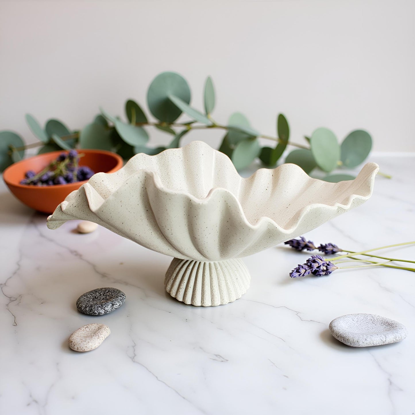 ARTRHYT 16" Large Decorative Bowl decor, Modern Home Decor,Stylish Key Bowl for Entry Table,Scalloped Decorative Bowls (Light Gray-With base, 16.14inch)
