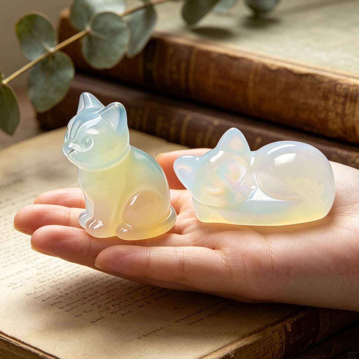 LIDSCURA 2 PCS Blue Opal Moonstone Cat Figurines Set, Sitting & Lying Crystal Cat Statues, Natural Stone Home Office Desk Decor, Gift for Cat Lovers (Includes Gift Box)