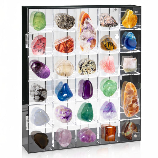 Adjustable Display Case Rock Acrylic Box with Mirror Back,Wall Mountable,30 Grid Crystal Collection Shelf Storage for Minerals,Gems,Jewelry,Wall Crusher Stone Clear Shadow Cabinet Cases Collectibles