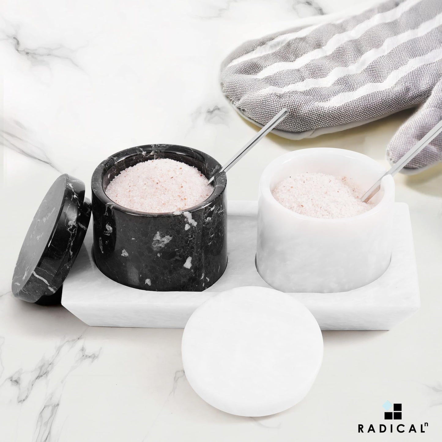 Radicaln Marble Salt Cellar with Lid and Tray 3" Inch Black & White Handmade Salt Dish For Kitchen Countertop, Ideal Set of 2 Seasoning Jars & Table Salt Container For Table