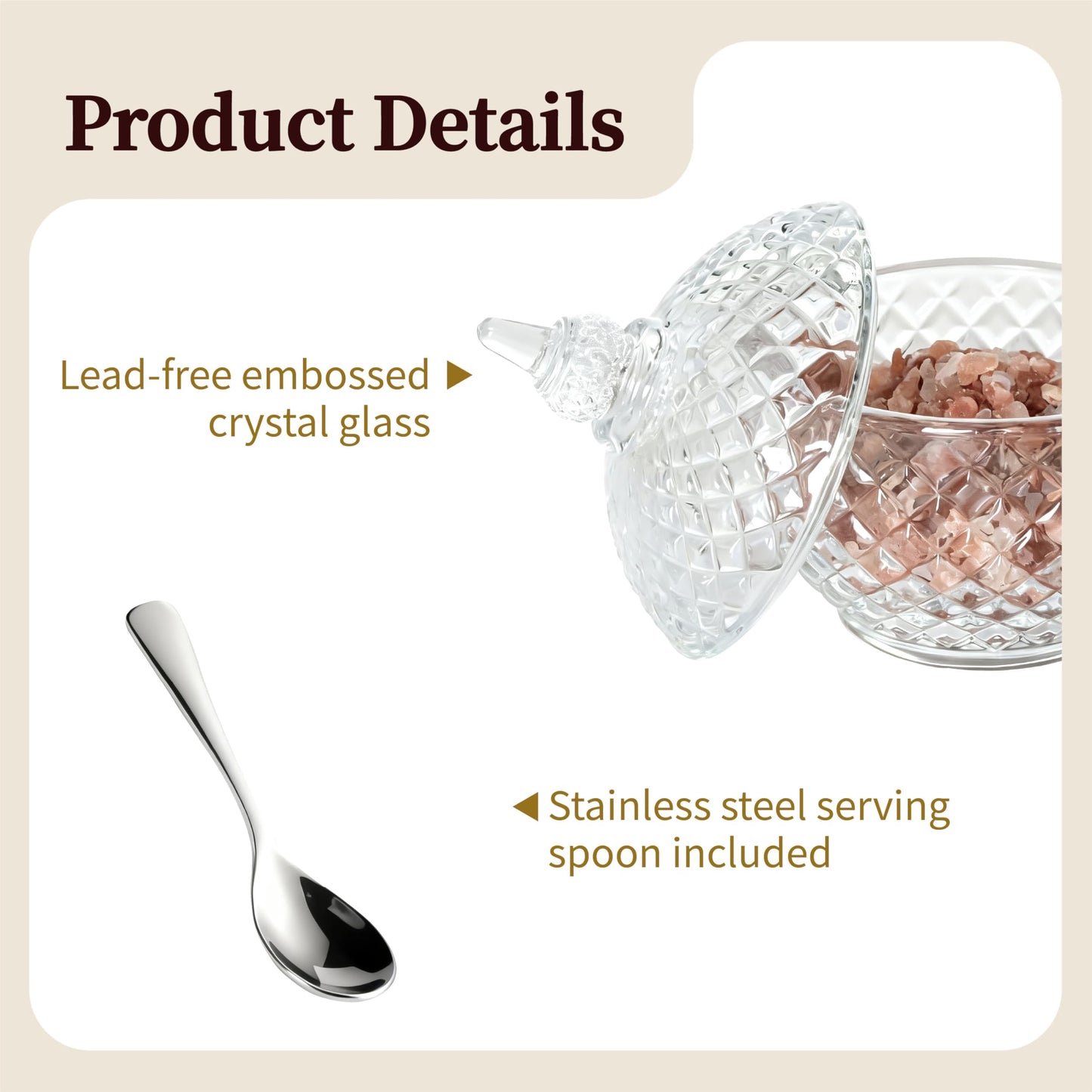 seicasaya 7 oz Crystal Glass Salt Cellar with Lid and Stainless Steel Spoon for Kitchen Seasoning (Ball shape)