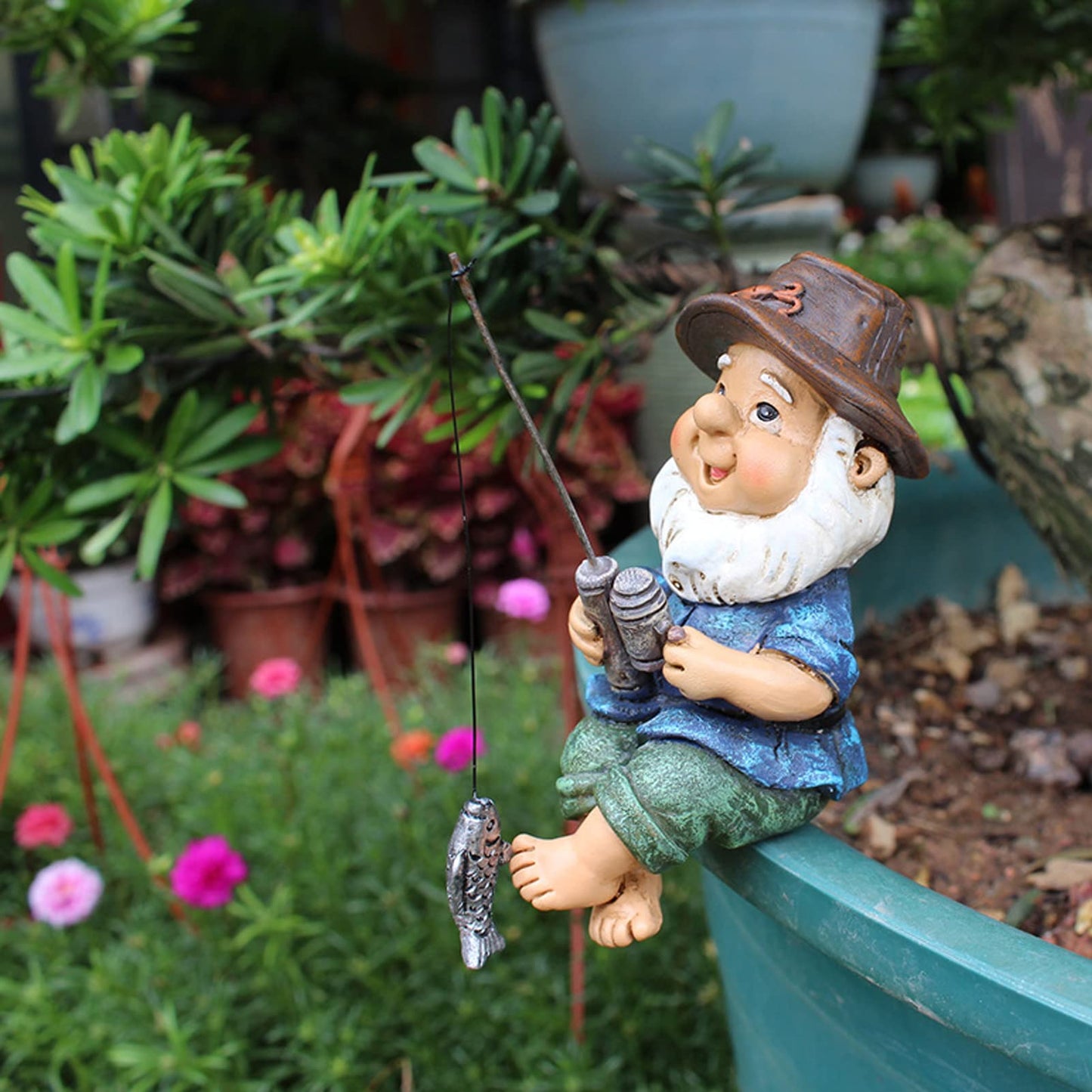 LiebeWH Fishing Gnome Sitter Garden Statue Resin Lawn Decor for Outdoor Decoration Shelf Pond and Waterfalls Ornament Dwarf Sculpture