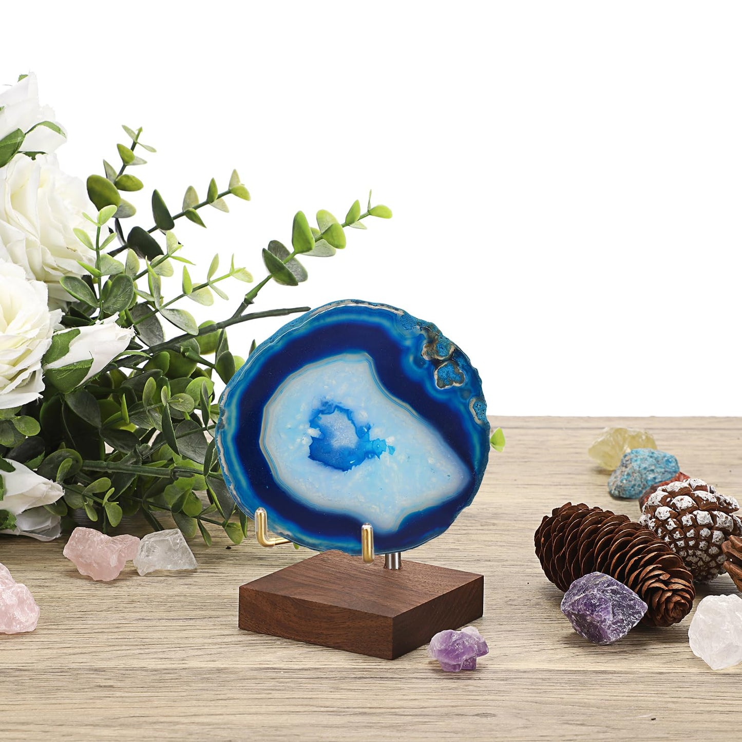 Hipiwe 2Pcs Wooden Base Display Stand Adjustable Metal Arms Display Stand Easel Decorative Plates Display Easel Holder for Crystal Fossil Slice Coral Geodes Rock Mineral Agate,Medium