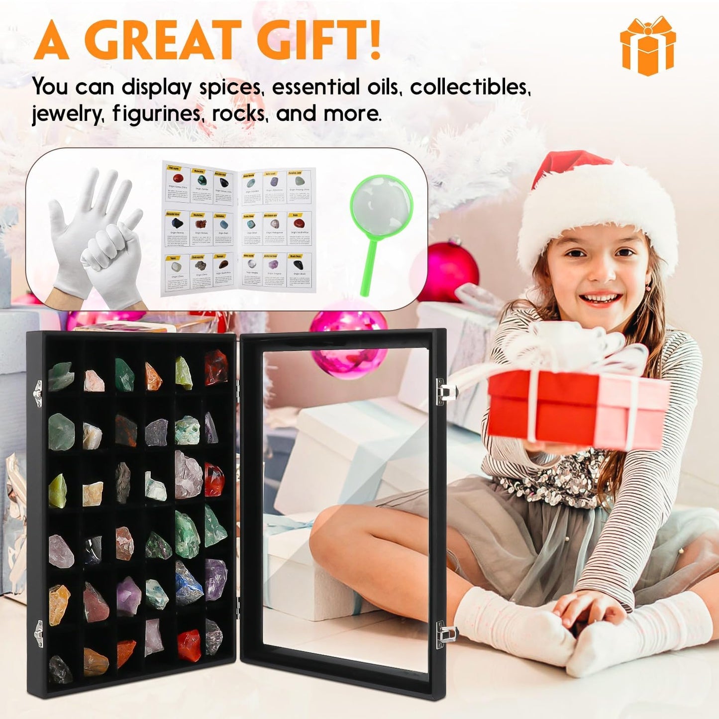 BTYCityMao Rock Collections Box for Kids - PU Leather Rock Display Case with 36 Grid - Storage & Display Shelf for Collectibles