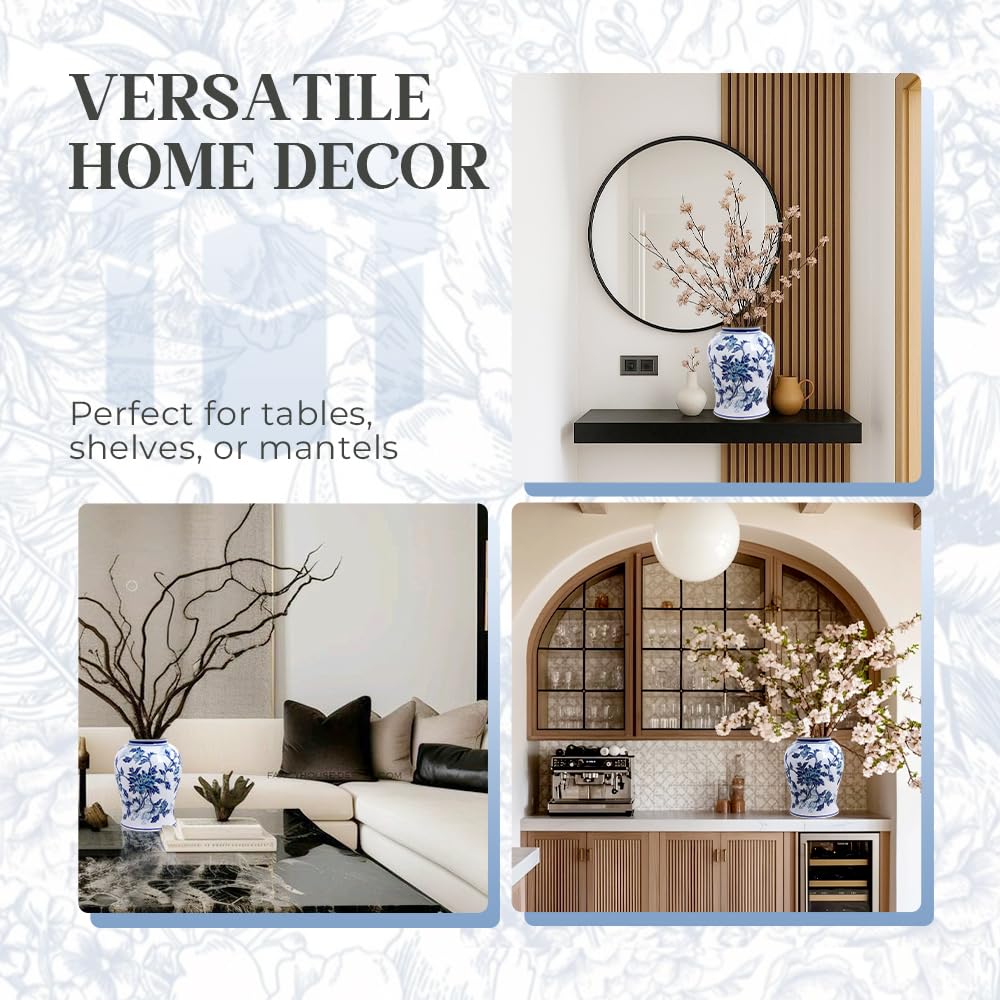Andaliz Large Blue and White Ceramic Ginger Jar with Gold, 18.1 Inch Floral Vase Floor Decor for Living Room, Entryway Home Accent