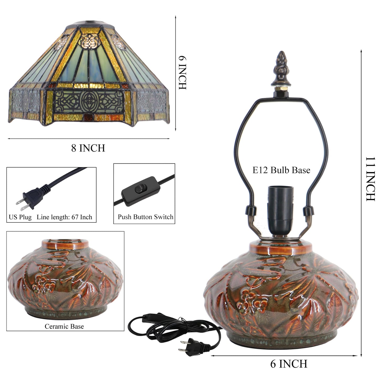 HZYFFYU Small Tiffany Table Lamp Mini Mushroom Stained Glass Lamp Memory Sympathy lamp 8X11 Inch (Hexagon Mission Style)
