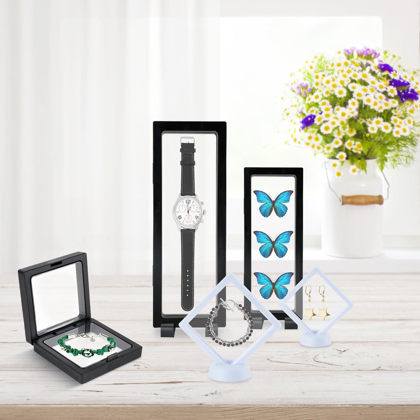 QLFJ-FurDec 40 PCS Floating Display Case, 3D Challenge Coin Display Holder Frames with Stands, Transparent PE Jewelry Storage Box for Butterfly, Medallion, Shells, Gems, Pins, Specimen (Black)