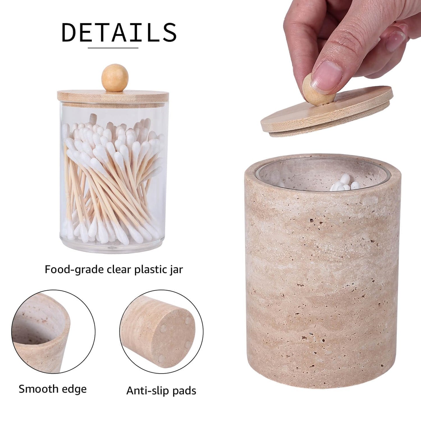 JIMEI Travertine Marble Qtip Holder Dispenser with Bamboo Lid & Clear Plastic Inner Jar - Bathroom Vanity Organizer for Cotton Swab, Ball, Makeup Pads, Floss - Storage Container (Beige)