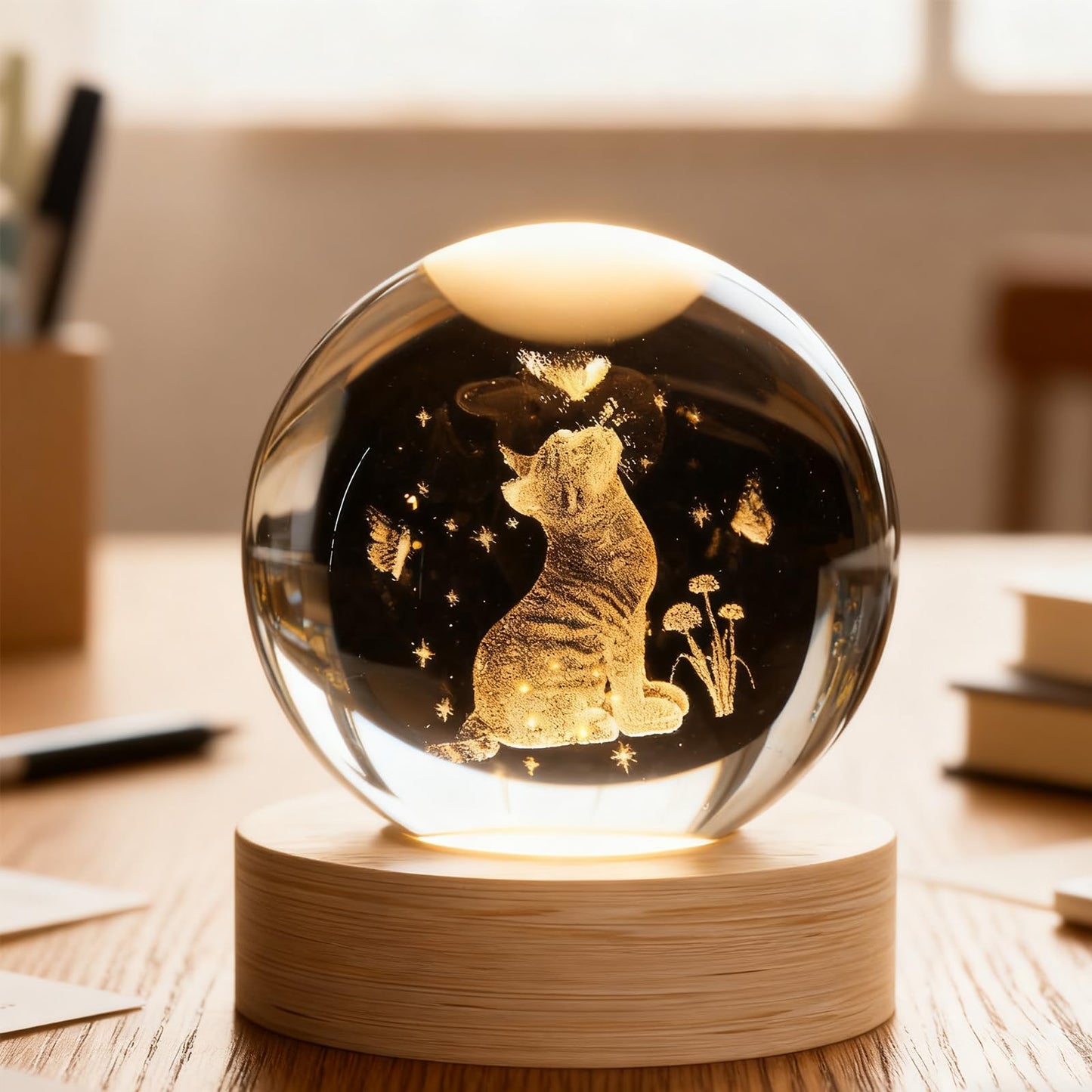 3D Cats Butterfly Crystal Ball, 3D Laser Engraved Decorative Flowers Crystal Ball Glass Sphere Home Decor Gifts Light for Mom Women Girls Cat Lovers, Presents Decor Crystal Sphere Memorial Gifts