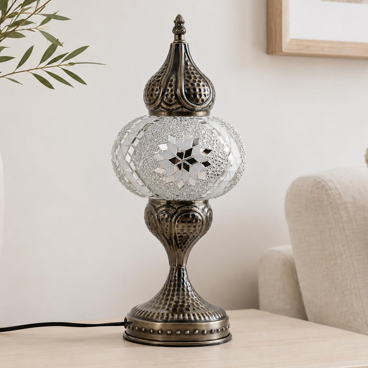 GOGERS Decorative Mosaic Bedside Lamp, Turkish Moroccan Style Table Lamp with White Silver Glass Shade, E12 LED Bulb Included, Warm Ambient Lamp for Nightstand, Bedroom, Living Room (White)