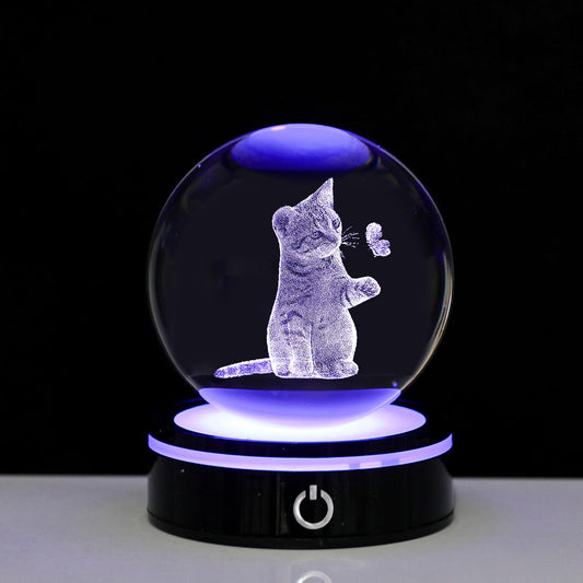 MysticGlitz Cat Night Light, 3.15" (80mm) 3D Crystal Ball with Butterfly Figurine, K9 Glass Sphere with Colorful Base, Cat Lovers Gifts for Women Kids, Cat Lamp for Bedroom Decor, Birthday Gifts