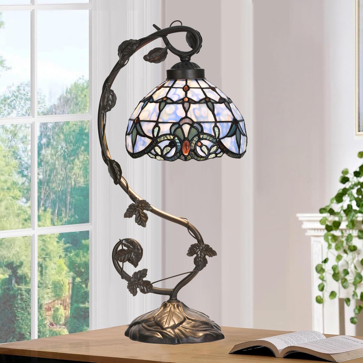 HomeBeauty TL0025 Tiffany Style Baroque Table Lamp-Stained Glass & Vine - Design for Bedroom Living Room, W 10 X H 20.5 Inches Overall, LED Bulb Included (Baroque)