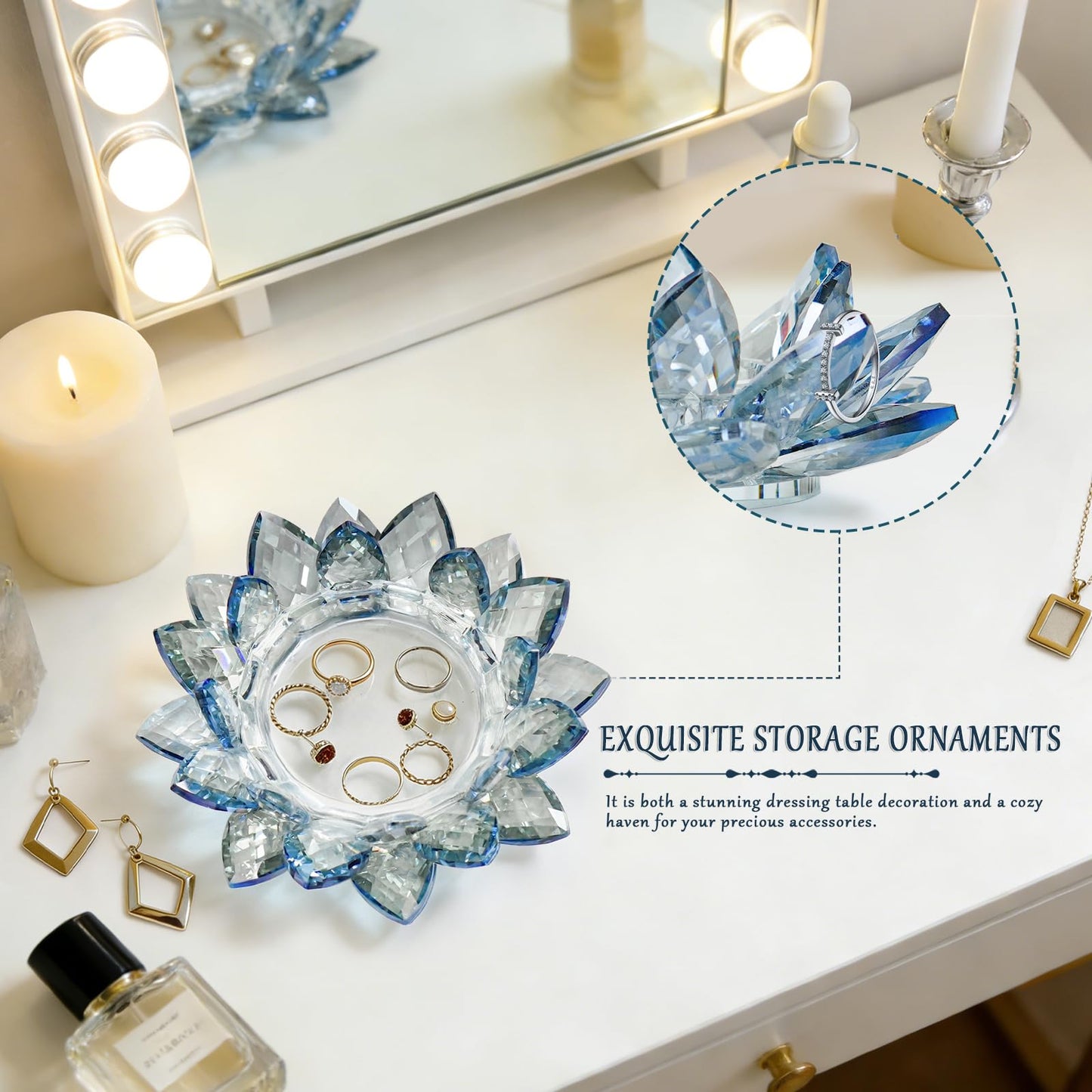 Crystal Flower Jewelry Tray, Luxury Transparent Decorative Trinket Dish for Rings, Earrings, Necklaces, Keys for Vanity Dresser Nightstand, Elegant Gift for Women Mother's Day (1, 6.3"(W)- Blue)