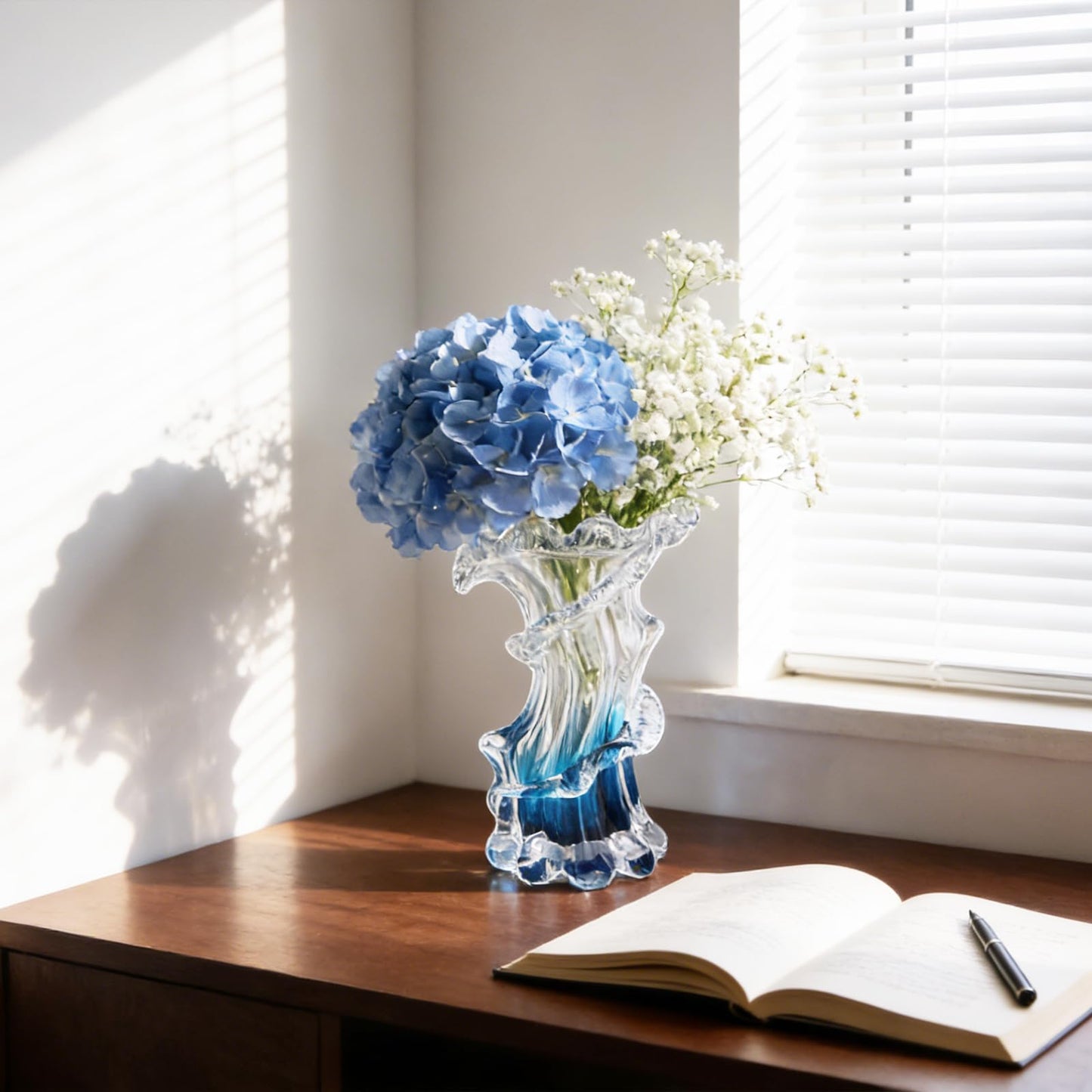 Unique Hand Blown Blue Glass Vase - Artistic Blue Gradient Flower Vase for Home Decor, Centerpieces & Office Shelf