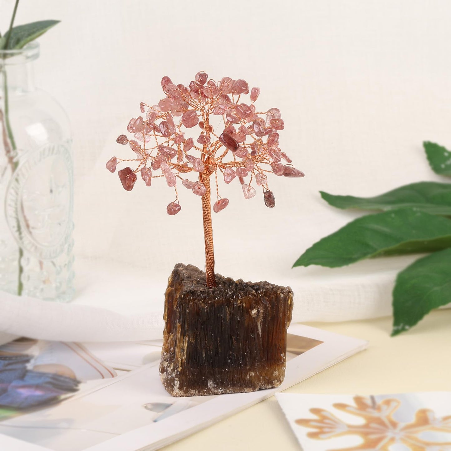 Rockcloud Handmade Strawberry Quartz Crystal Tree with Amber Calcite Base