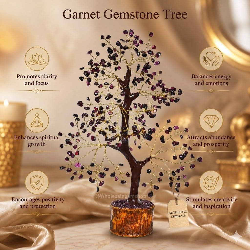 GEMSCITE Garnet Gemstone Tree Size 10-12" Handmade Feng Shui Figurine Money Bonsai Good Luck Reiki Healing Crystals - Golden Wire