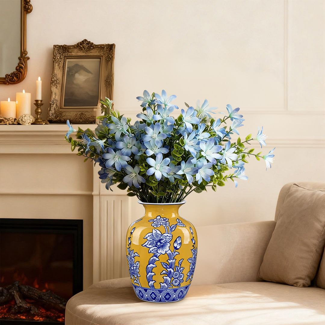 Blue and Yellow Ceramic Vase, 8.4" Tall Chinoiserie Flower Vase Decor with Wide Mouth, Royal-Inspired Decorative Porcelain Vases for Centerpieces, Table, Shelf & Home Decor, Wedding, Housewarming Gift