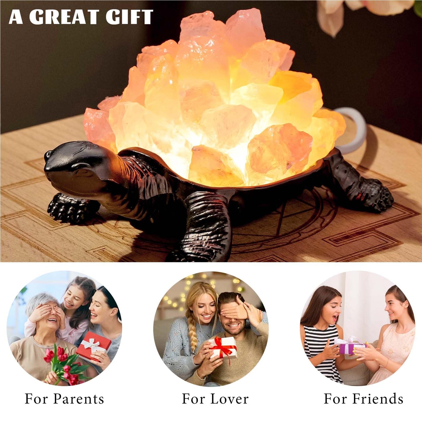 Runyangshi Natural Rose Quartz Turtle Night Lamp Healing Crystal Bedroom Bedside Table Lamp USB Port Home Decor Women Men Gift