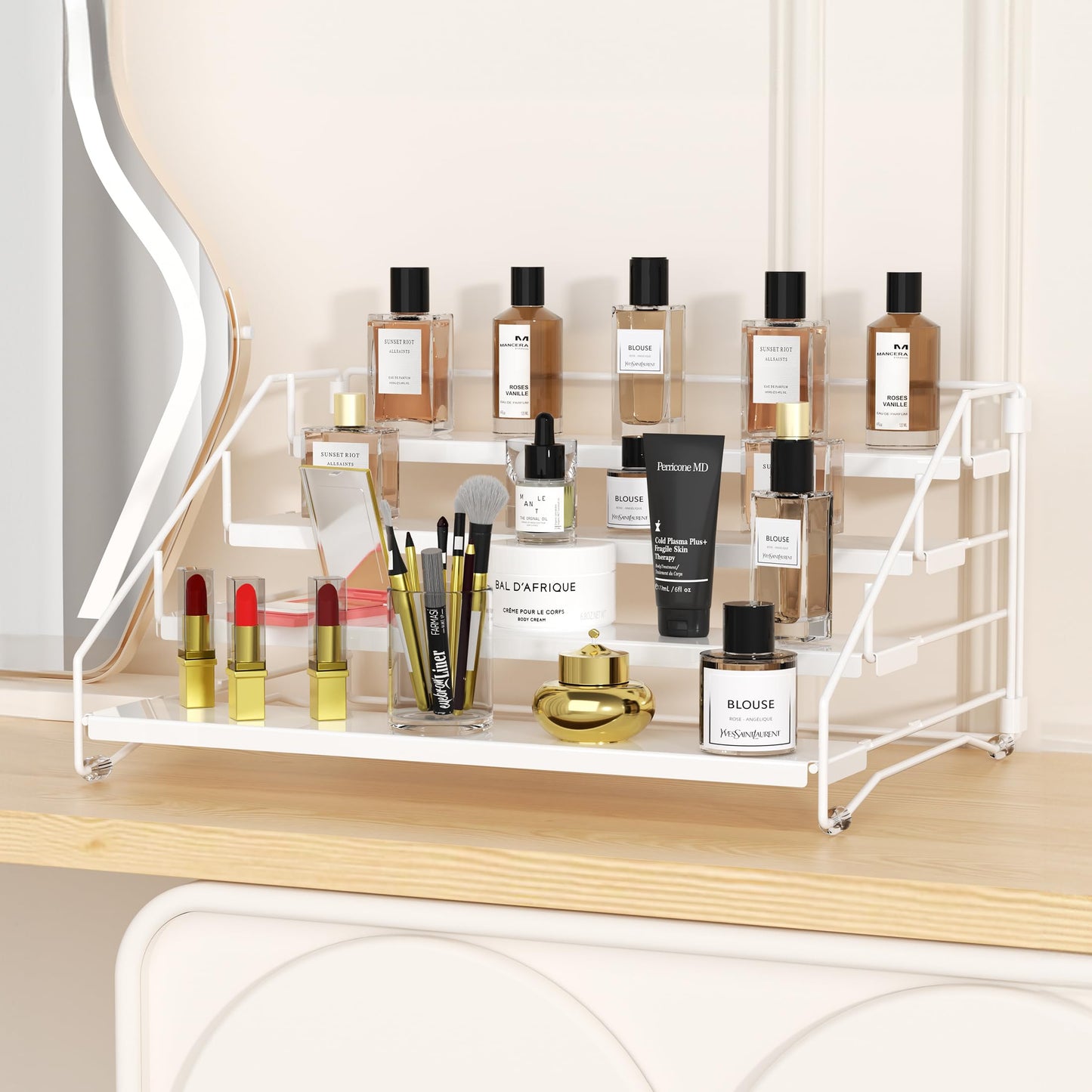 BOIVSHI Tiered Spice Rack, 4 Tier Spice Shelf Organizer for Cabinet, Spice Rack Organizer, Depth Adjustable Seasoning Rack Organizer for Cabinet, Countertop, Pantry, Metal, White (1 Pack)