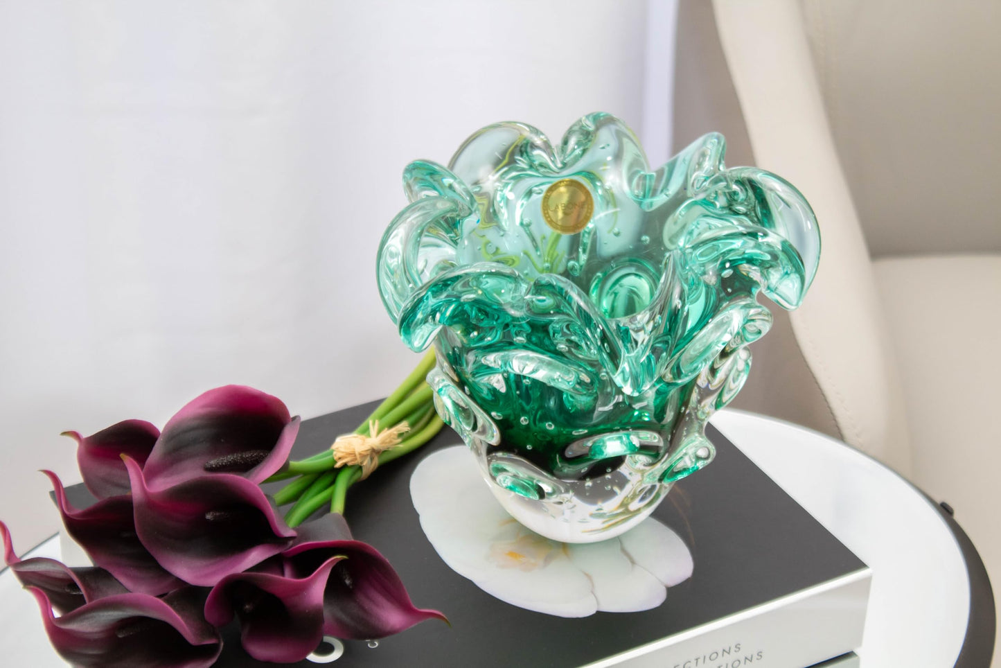 Cristais Labone Luxury Blown Glass Vase Green, Traun Model, Murano-Style, Unique Brazilian Craft, Table Centerpiece, Home Decor, Living Room, Wedding, Office, 5.7 lbs