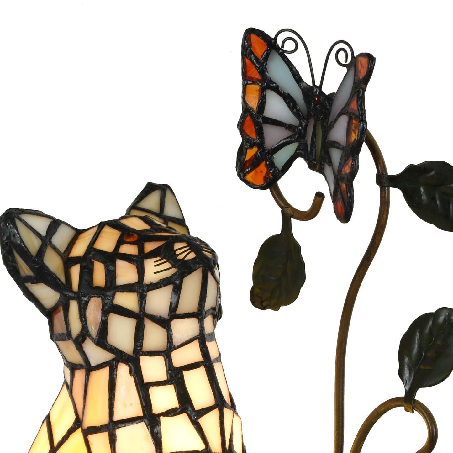 Bieye L10891 Tiffany-Style Stained Glass Cat Accent Table Lamp - Adorable Orange Cat Watching a Butterfly - 10-Inch Tall