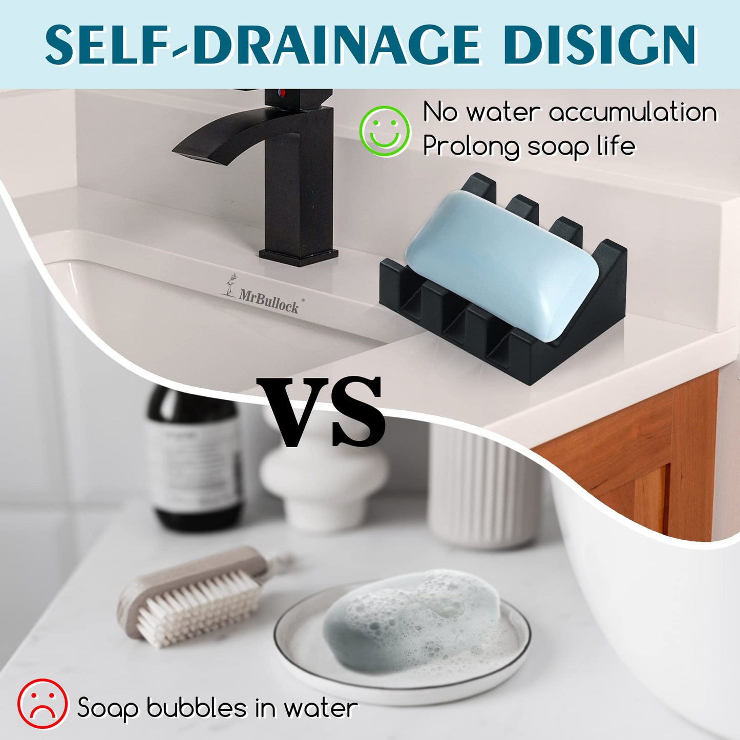 2 Pack Self Draining Silicone Soap Dish for Shower & Kitchen - Waterfall Bar Soap Holder Tray, Non-Slip Soap Saver Keeps Soap Dry, Easy to Clean, Extends Soap Life (Black)