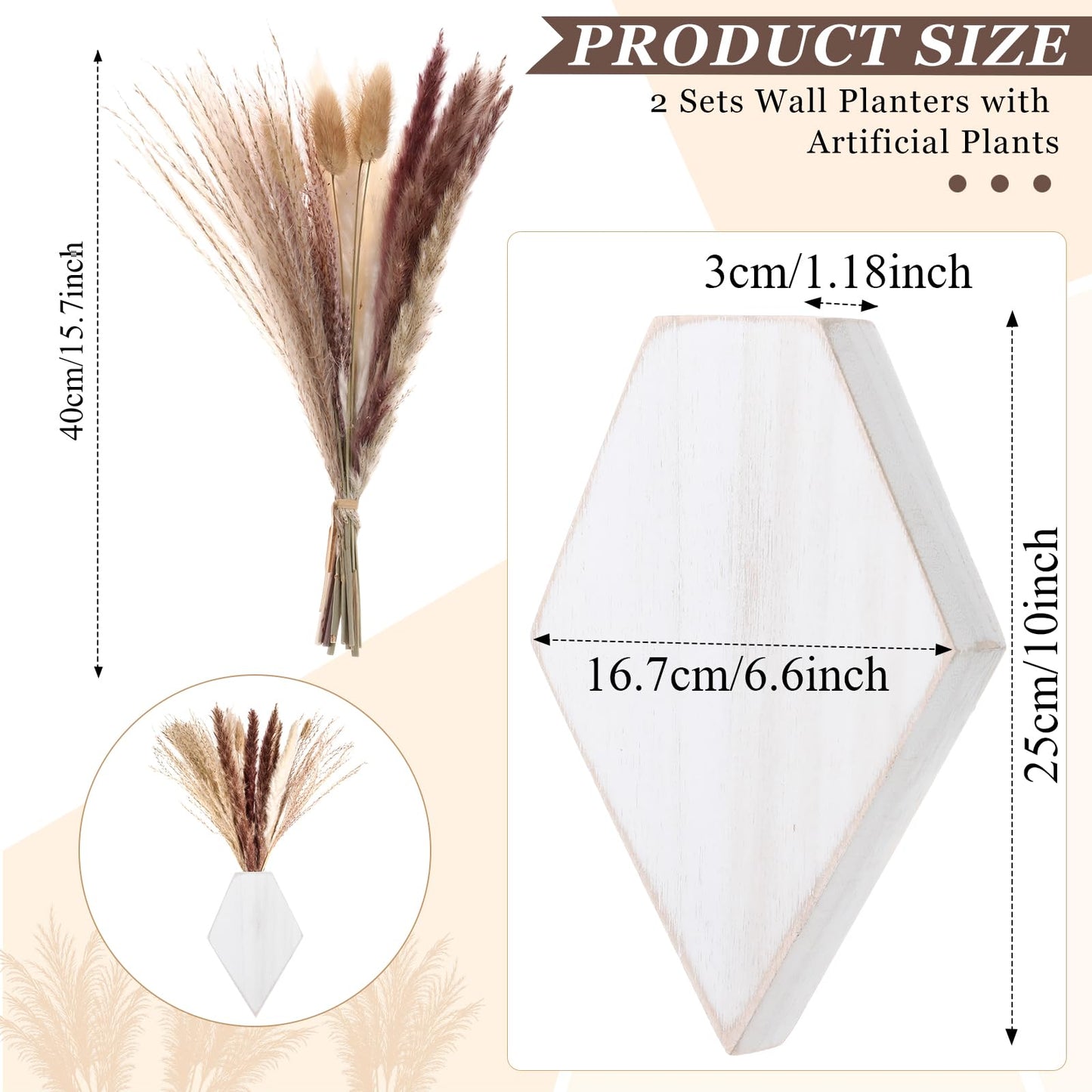 Fiwochic 2 Pcs Bohemian Wooden Wall Planter Set with Pampas Grass Modern Farmhouse Wall Decor for Living Room, Bathroom, Bedroom, Office(White Distressed,Regular Style)