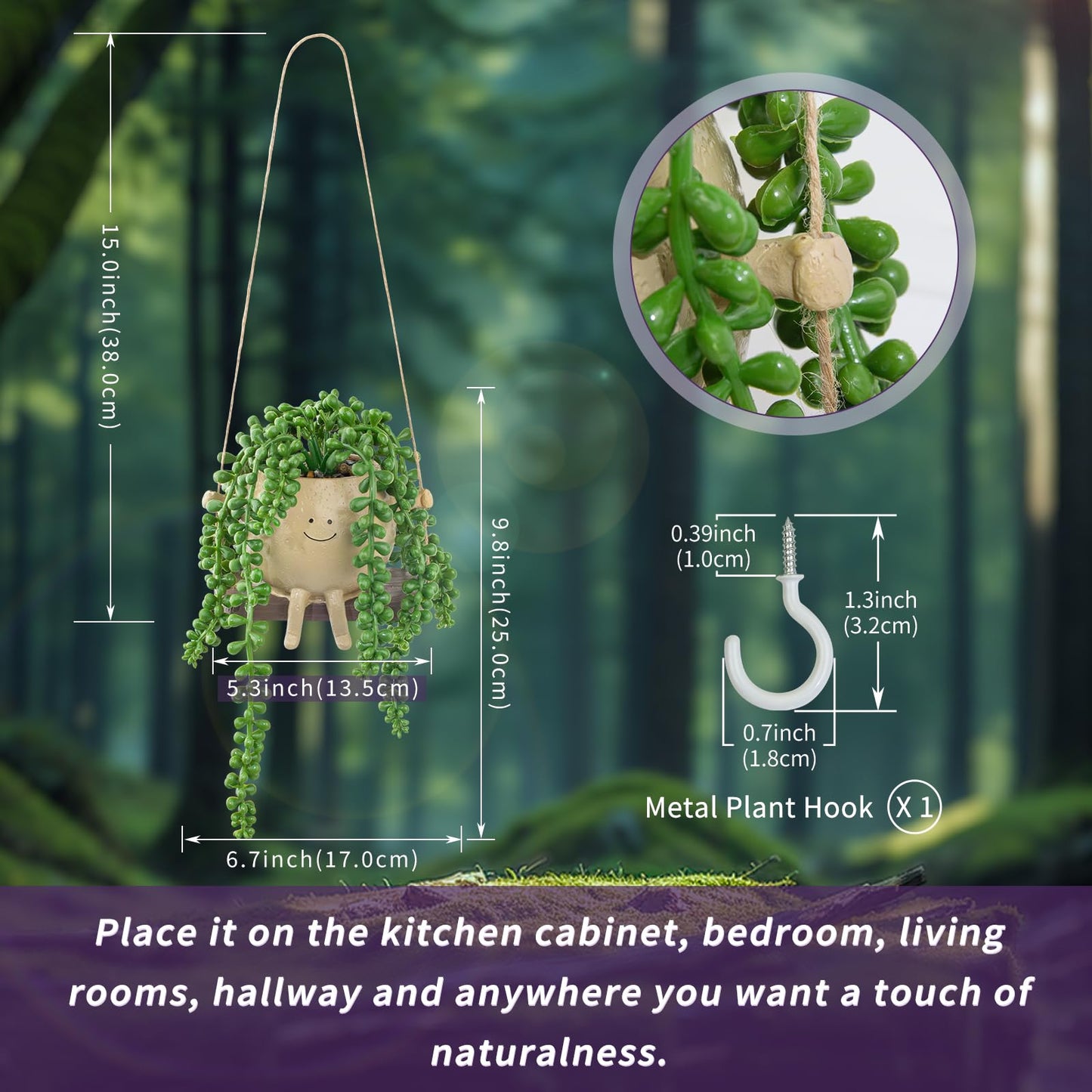 LUZOGA Artificial Hanging String of Pearls Succulent in Cute Smiley Face Swing Planter, Fake Trailing Succulent Plant for Indoor Outdoor Home Wall & Window Decor | Includes Hanging Hook