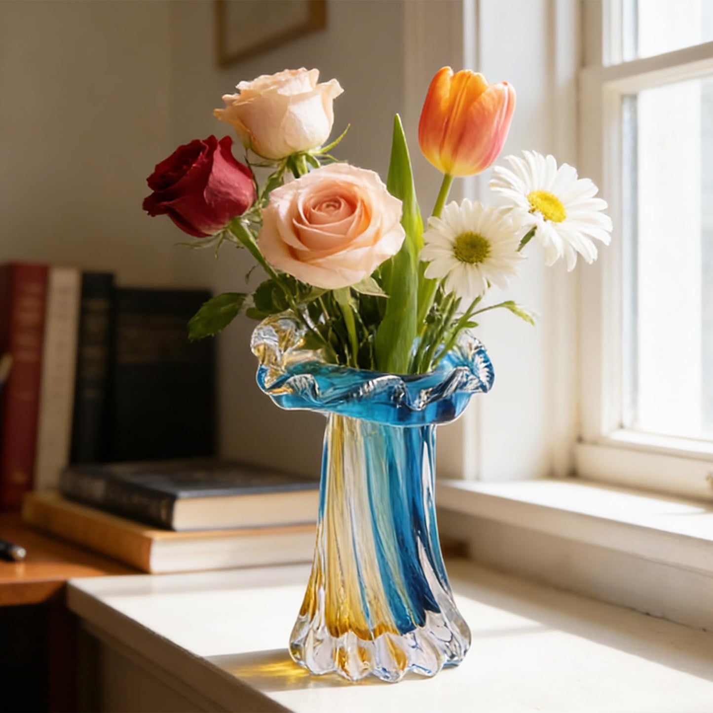 Unique Blue & Gold Hand Blown Art Glass Vase - Blue & Gold Sculptural Flower Vase for Centerpieces, Home Decor & Living Room Table, Centerpieces & Gift