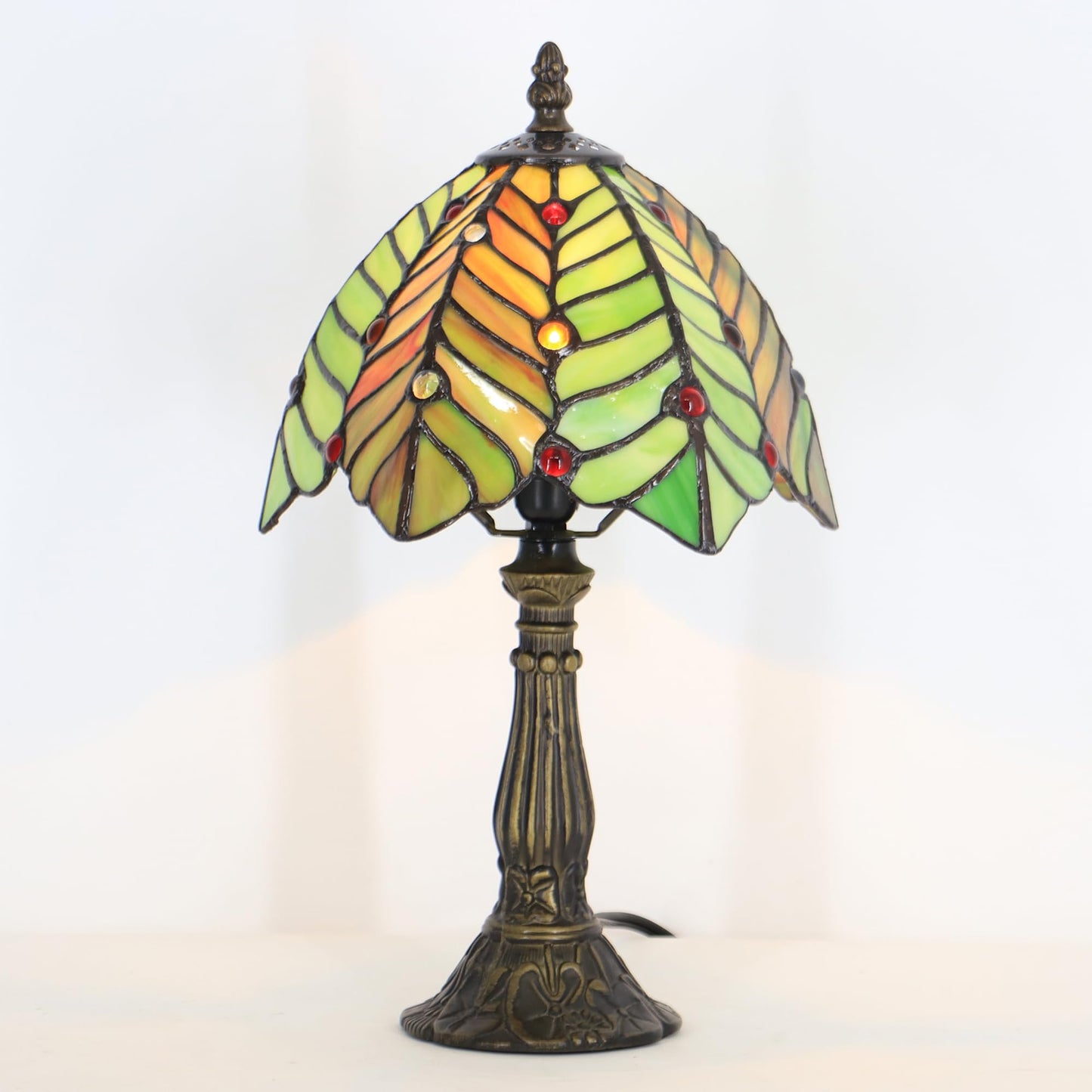 LXHCYOU Small Tiffany Lamp Mini Accent Table Lamp Stained Glass Desk Memory Lamp Sympathy 8X14.5 Inch (Brown Green Leaf)