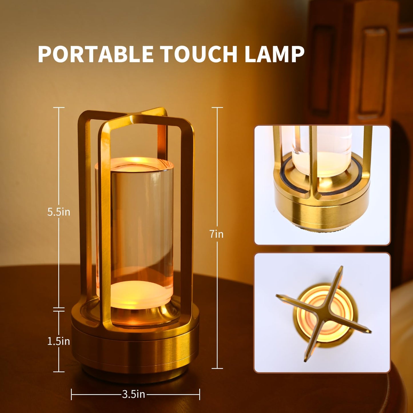 PIKAFOX Crystal Lantern lamp with Touch Dimming, Rechargeable LED Table Lamp, 3-Color Adjustable Brightness, 4200mAh Battery Powered Desk Light for Bedroom, Restaurant, Outdoor