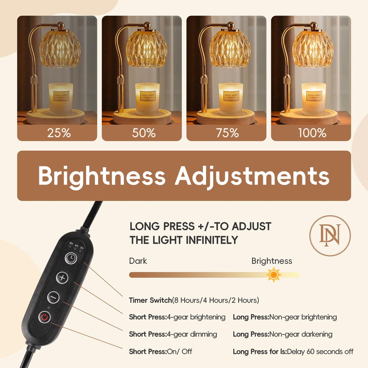 Crystal Candle Warmer Lamp with Timer and Dimmer, Adjustable Height Electric Candle Warmer for Jar Candles, Flameless Wax Melt Warmer, Glass Candle Warmer Lamp – DN Collection