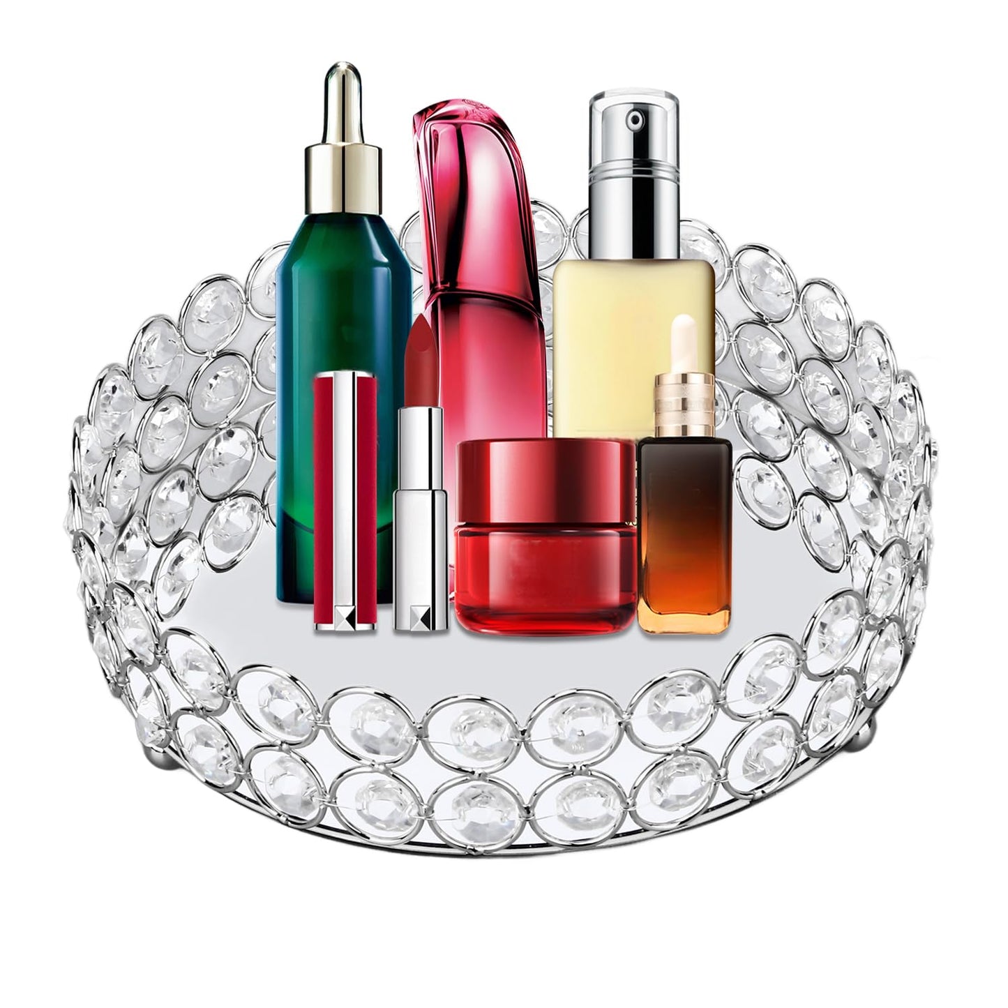 Mirrored Jewelry Organizer Tray - 8 Inch Round Decorative Vanity Tray for Makeup, Perfume & Trinket Storage - Crystal Home Decor Display Plate(Silver)