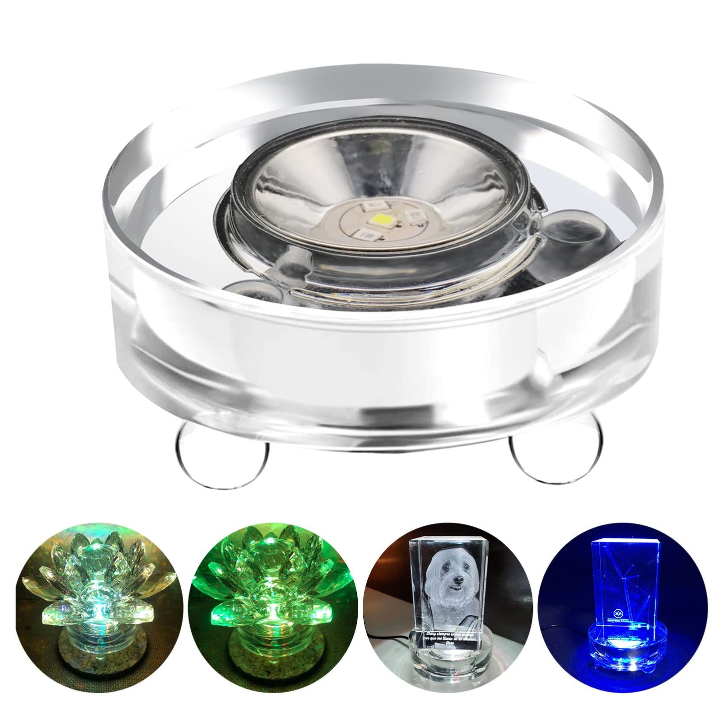 Aepiraza Crystal Led Light Base for 3D Display Lighted Up, 4 LED Bead 7 Colors Led Crystal Light Base Multi-Color Automatic Flashing Show Stand for 3D Glass Art Craft Shows (Round)