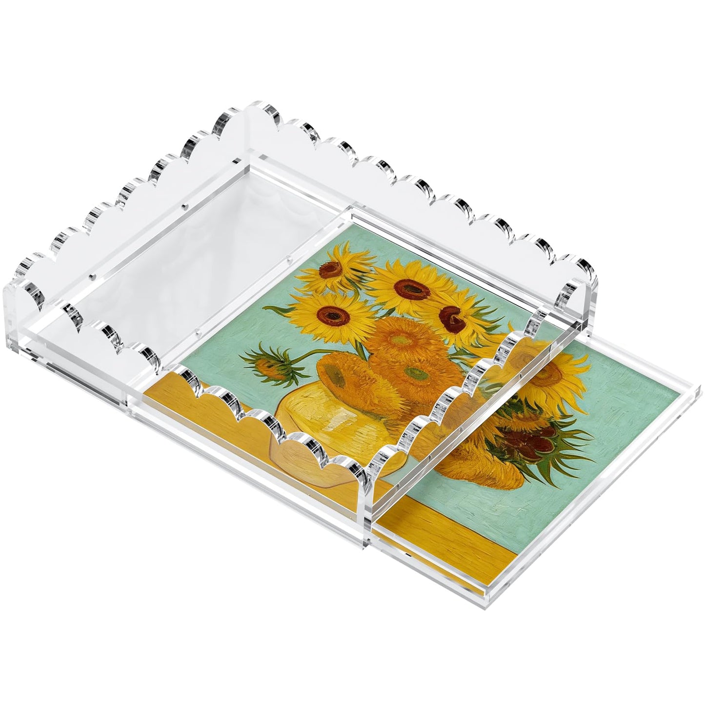 Scalloped Acrylic Tray for Needlepoint, 10" x 12" Clear Acrylic Display Tray with Slide Out Drawer for Insert Photos, Art, Fabric, Acrylic Organizer Decorative Tray for Home Decor