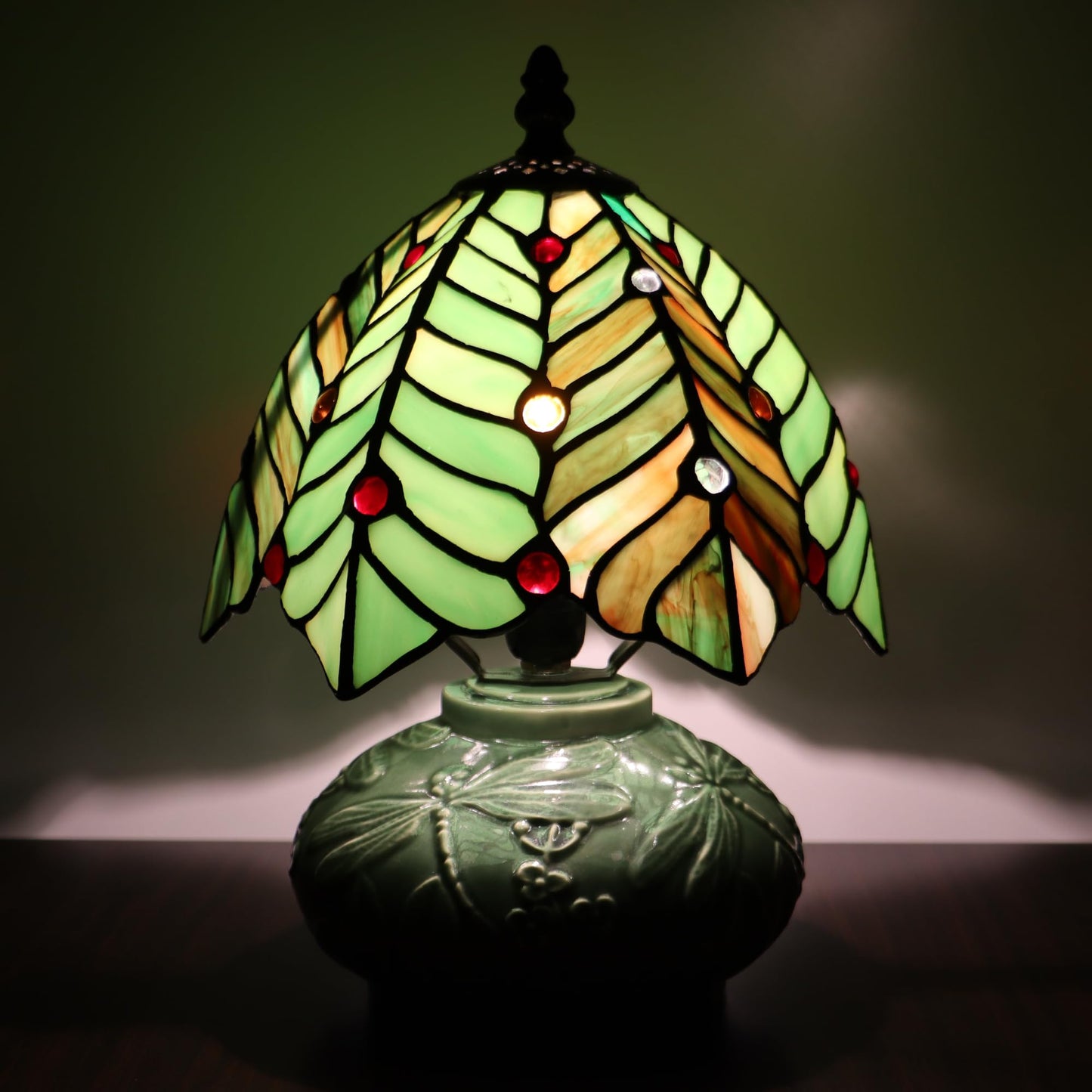 LXHCYOU Small Tiffany Lamp Mushroom Table Lamp, Mini Stained Glass Desk Light Memory Sympathy Ceramic lamp 8X11 Inch (Brown Green Leaf)