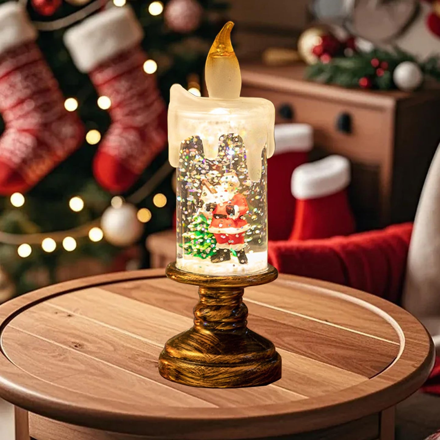 Flameless Snow Globe Candles, Battery Opered Christmas Candles Light with Swirling Glitter, Safe Fairy Tale Taper Candle for Home Fireplace Table Holiday Decor (Santa Claus)