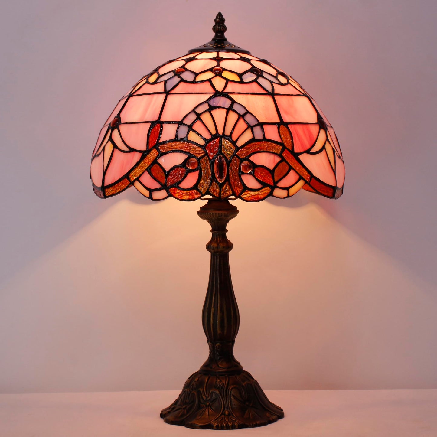 L-Juicwe Tiffany Lamp Touch Control Table Lamp Pink Stained Glass Desk Lamp 12X12X19 Inches Baroque Style Reading Light