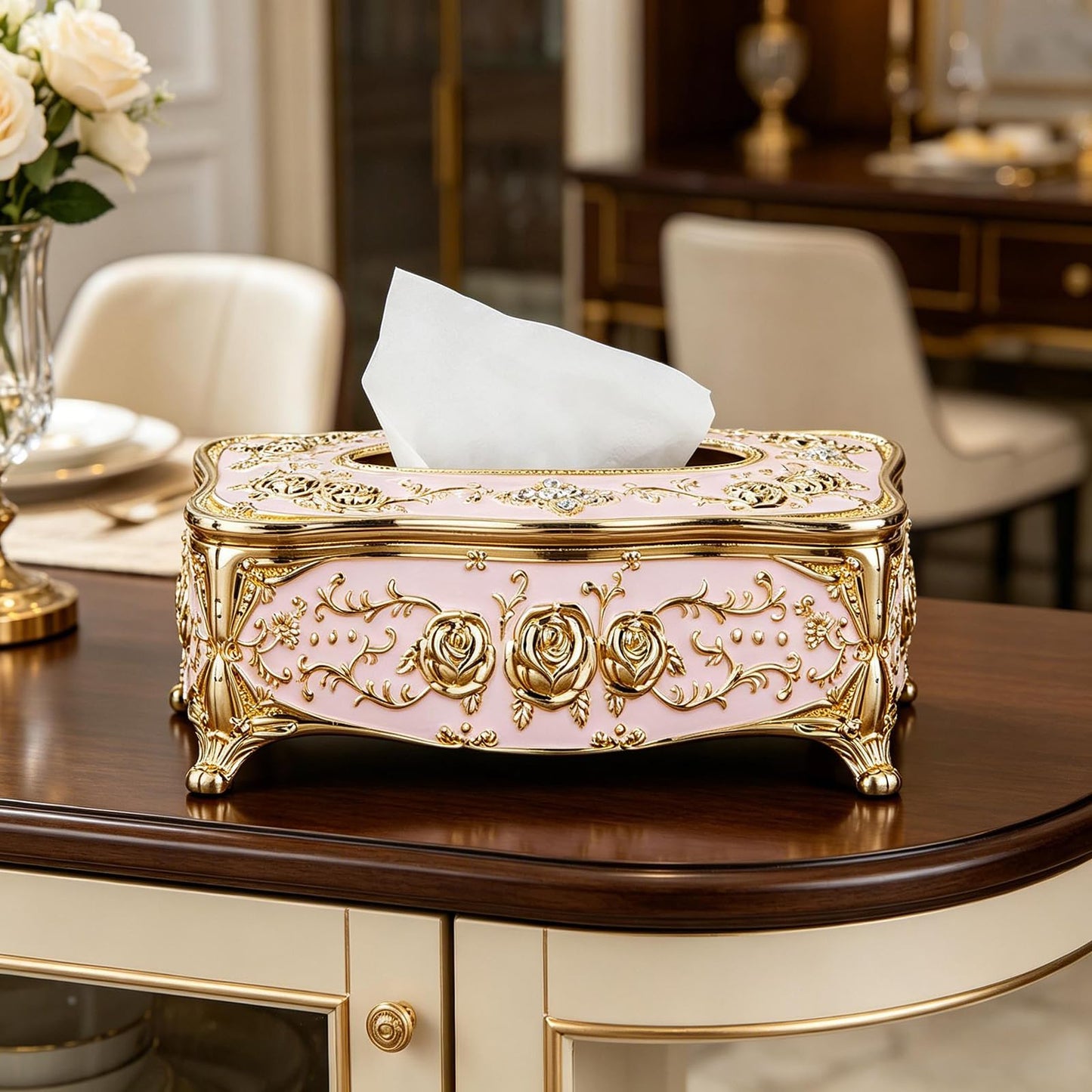 Moorfowl Vintage European Tissue Box Cover Rectangle Rose Pattern Long Tissue Box Holder for Bathroom Vanity Countertop, Bedroom Dresser, Nightstand and End Table (Gold Pink)