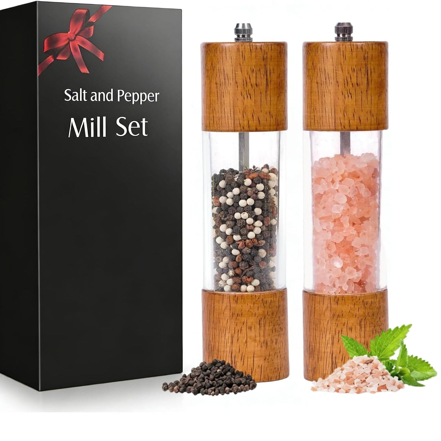 Premium Salt and Pepper Grinder Set, 2 Pack 8 Inches Manual Acrylic Mills, Refillable Salt Shaker and Pepper Mill for Kitchen, Wooden Design