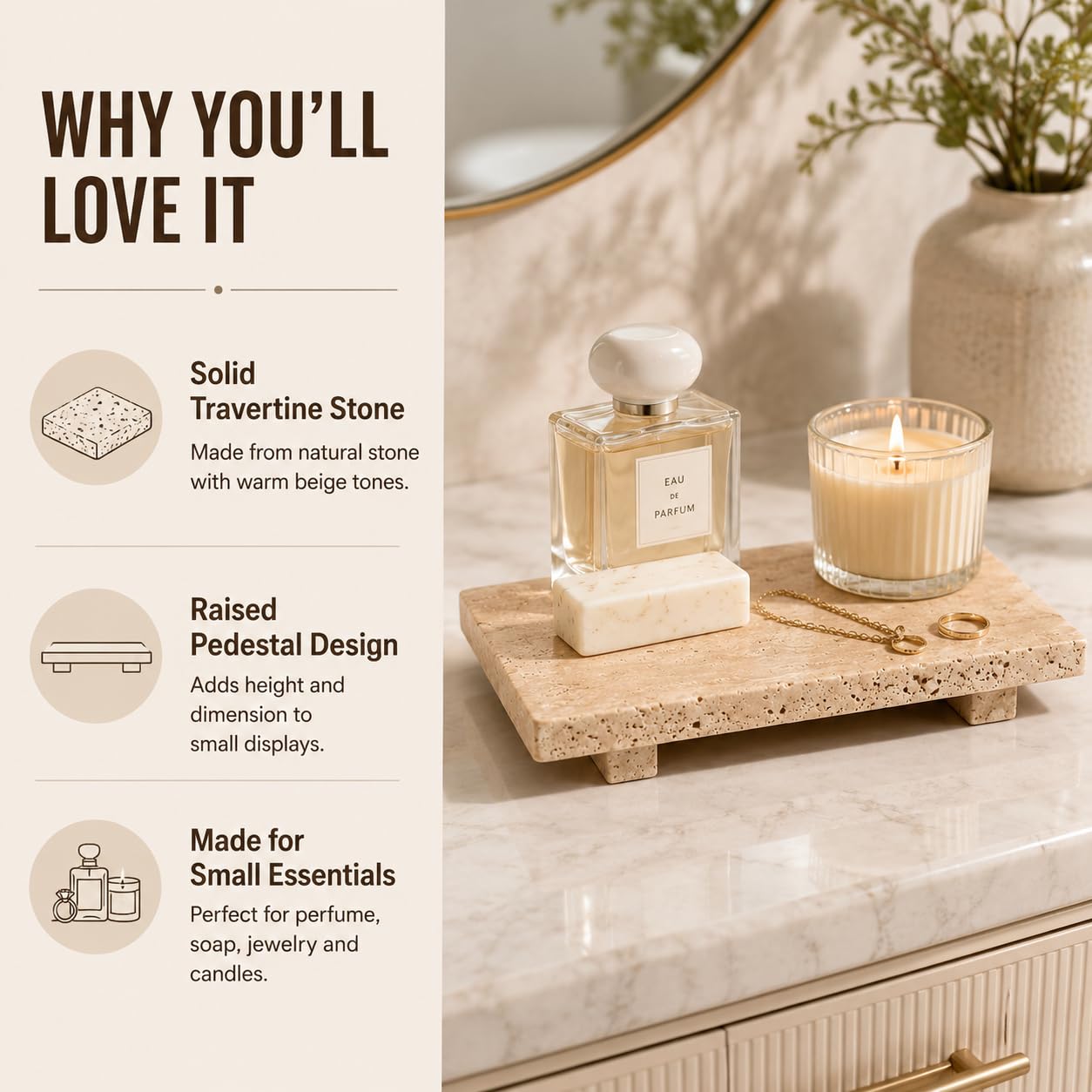 Natural Travertine Pedestal Tray, Stone Vanity Riser for Soap, Perfume, Jewelry and Candles, Decorative Bathroom Counter Tray