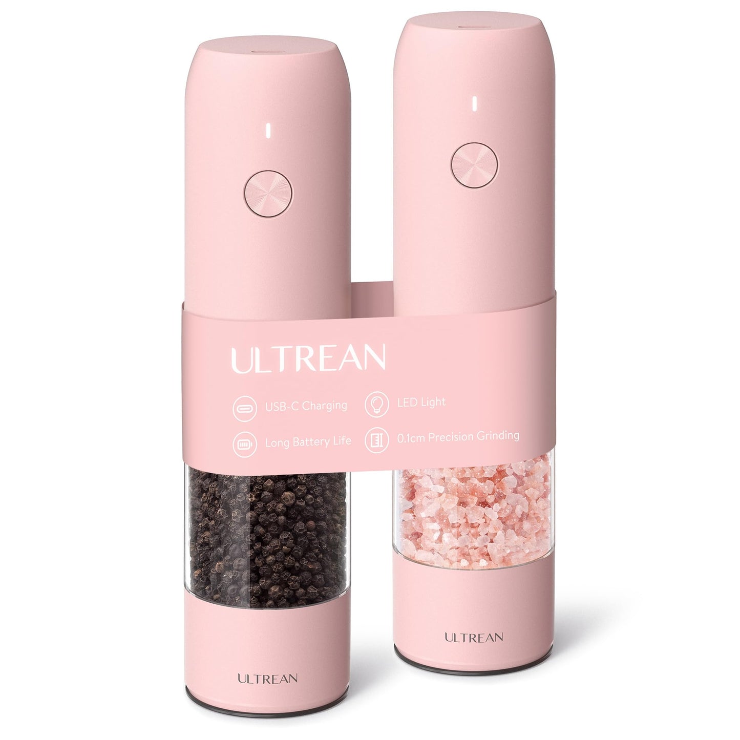 Ultrean Pepper Grinder, Rechargeable Salt and Pepper Grinder with 6 Adjustable Coarseness, LED Light, Automatic Grinder for Kitchen, Cooking Gifts for Women Valentines Day Gifts for Her, Pink