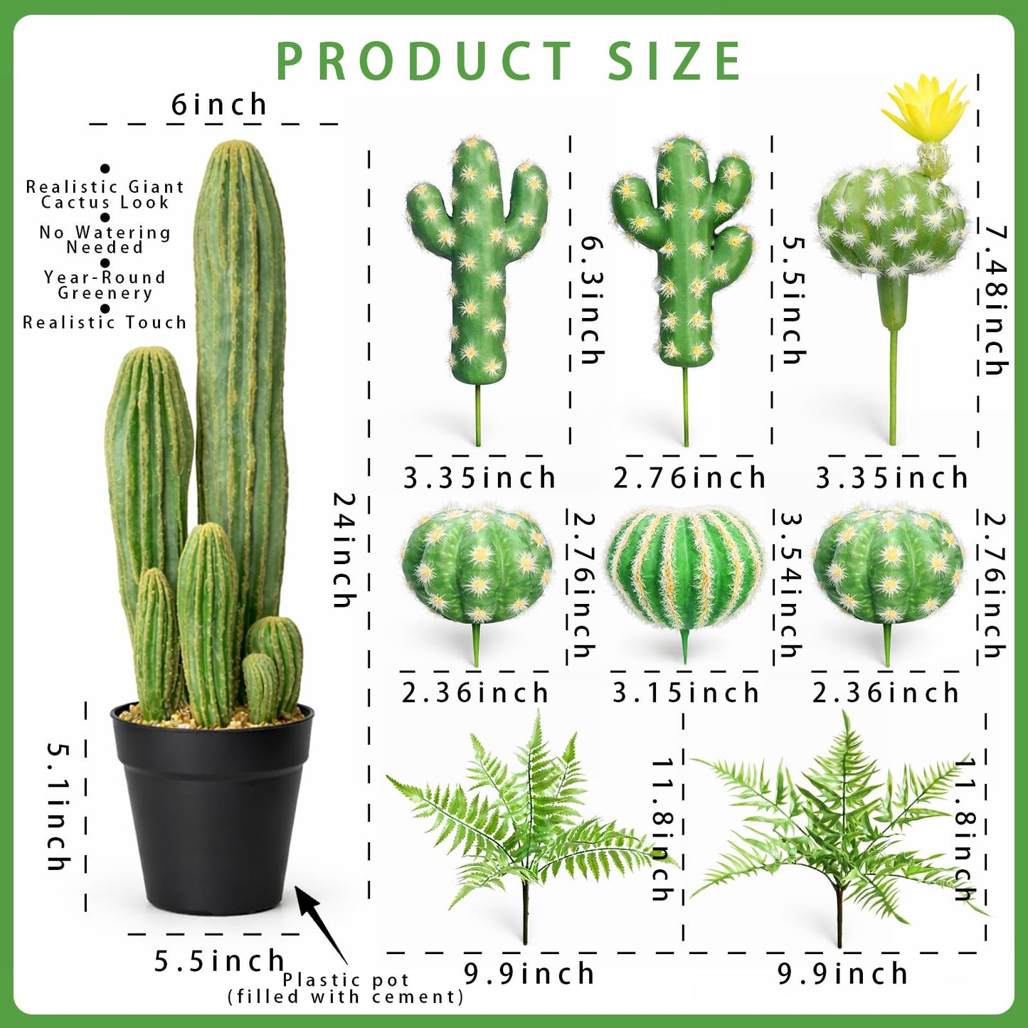 YXGTHGQZ Artificial Cactus Decor Set, 9 Piece Fake Cactus Plants Indoor, 24 Inch Large Faux Potted Cactus with 6 Cactus Picks and 2 Fern Stems