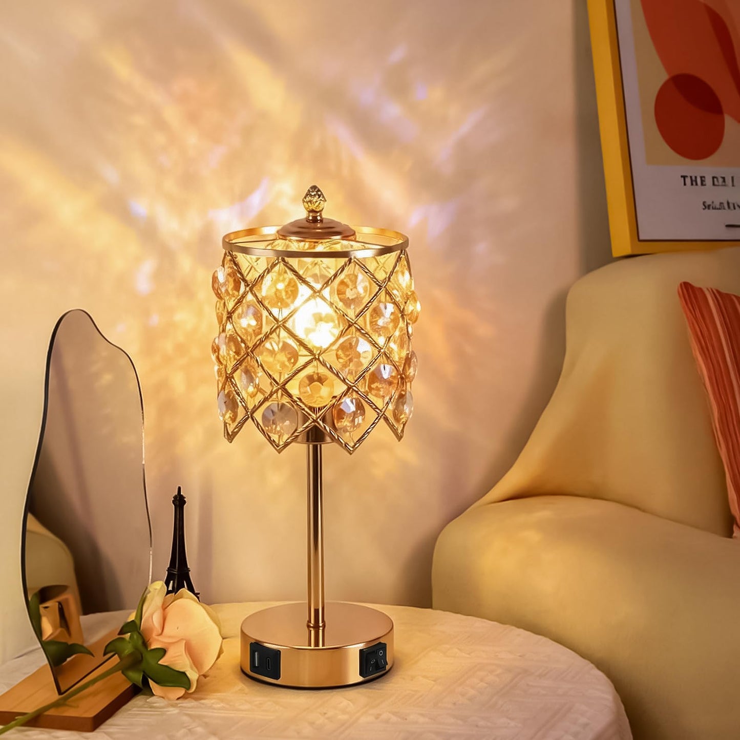 WELAISA Crystal Table Lamp, Gold, 3-Way Dimmable