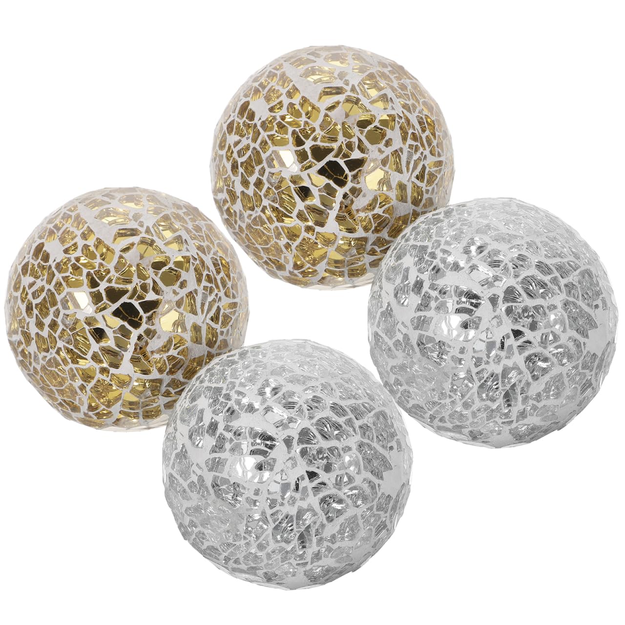 Amosfun 4Pcs Mosaic Glass Balls 3.1 Inch Decorative Orbs for Bowls Table Vases Home Decor Accents Silver and Gold