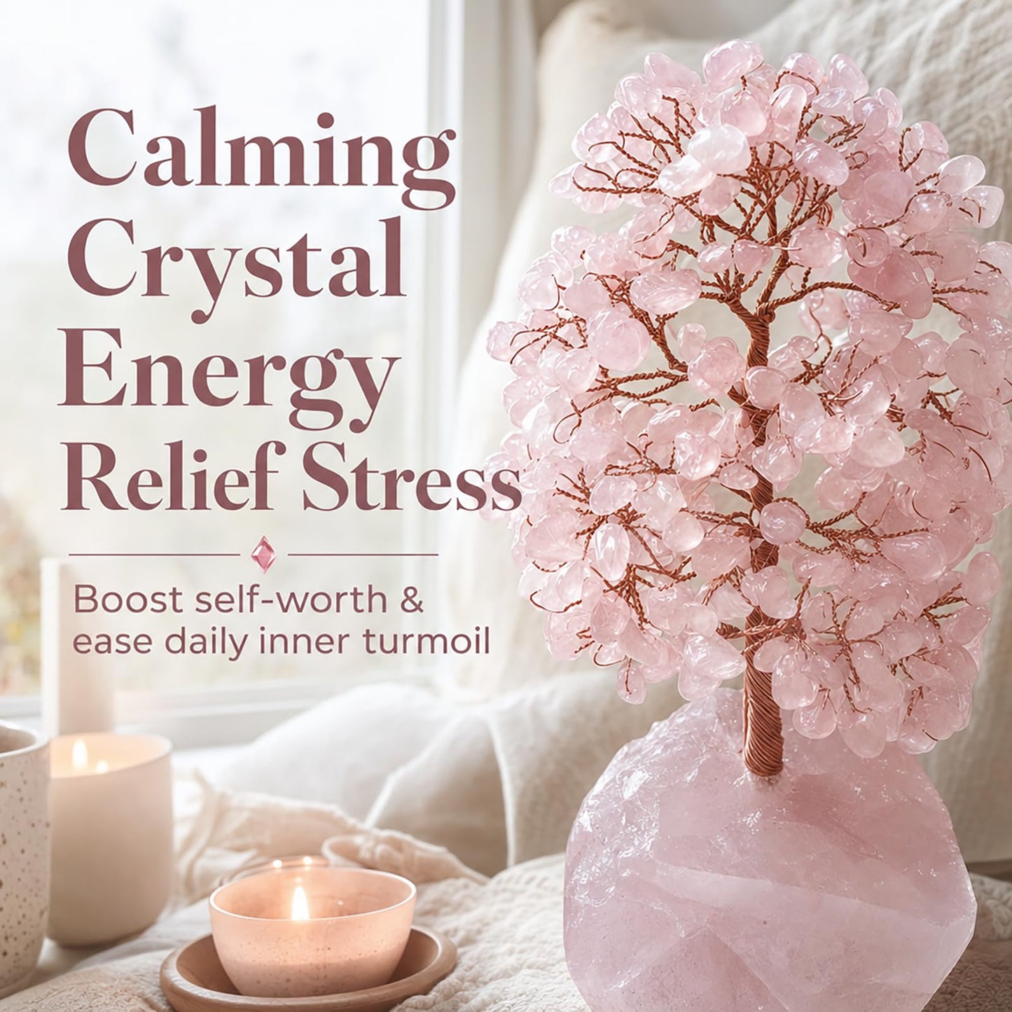 Fatonio Natural Rose Quartz Crystal Tree with Raw Rose Quartz Base